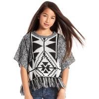 Teen girl grey and black knitted aztec pattern tassel hem short kimono sleeve poncho - Black