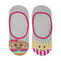 Teen girl cotton stretch burger and fries print invisible footlet socks - Grey Marl