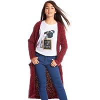 Teen girl long sleeve longline open front burgundy popcorn knit cardigan - Burgundy