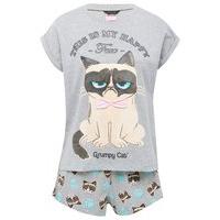 Teen girl cotton rich Grumpy Cat slogan print short sleeve top and short pyjama set - Grey Marl