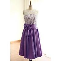 Tea-length Lace / Taffeta Bridesmaid Dress - A-line Jewel with Bow(s) / Lace