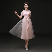 Tea-length Satin Bridesmaid Dress - A-line Bateau with Bow(s) / Lace