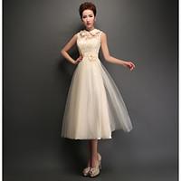 Tea-length Tulle Lace-up Bridesmaid Dress - A-line High Neck with Appliques / Lace