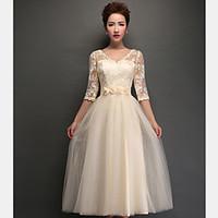 Tea-length Tulle Lace-up Bridesmaid Dress - A-line V-neck with Appliques / Lace