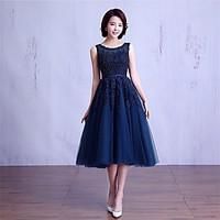 tea length lace tulle bridesmaid dress ball gown jewel with beading la ...