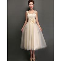 Tea-length High Neck Jewel V-neck Straps Bridesmaid Dress - Mix Match Sets Lace-up 3/4 Length Sleeve Tulle