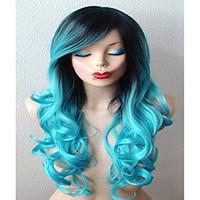 Teal Blue Wig Long Curly Hair with Dark Roots Wig Durable Heat Resistant Fashion Wig for Daily Use or Cosplay