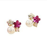 Temperament Five Leaves And Flowers Of Plum Crystal Diamond Pearl Earring