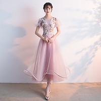 Tea-length Jewel Bridesmaid Dress Short Sleeve Tulle