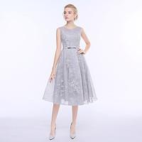 Tea-length Tulle Bridesmaid Dress - A-line Jewel with Lace