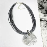 Textured Disc Leather Necklace, Silver