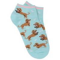 Teen girl light blue sausage dog print pastel pink trim cotton trainer liner socks - Blue