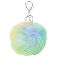 Teen girl rainbow multi-coloured fluffy pom pom silver hardware keyring - Multicolour