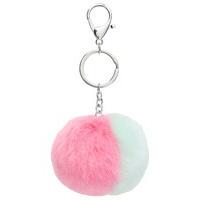 Teen girl pink and mint colour block design silver hardware fluffy pom pom keyring - Multicolour