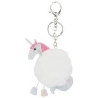 Teen girl white fluffy pom pom unicorn silver hardware bag tag keyring - White