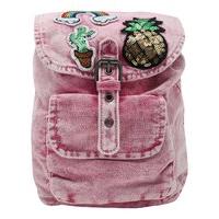 Teen girl pink mini denim quirky rainbow cactus pineapple sequin badge buckle fastening rucksack - Pink