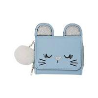 Teen girl blue cat face design with ears detail and white fluffy pom pom attachment coin purse - Blue