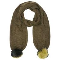 Teen girl wrap around cable knit chunky furry pom pom hem scarf - Khaki