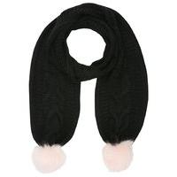 Teen girl wrap around cable knit chunky furry pom pom hem scarf - Black