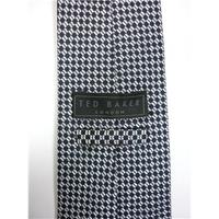 Ted Baker, Dark Navy Blue & Silvery Split Checkerboard Box Patterned British Designer Silk Tie