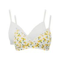 Teen girl cotton blend lemon print and plain white lace trim non wire bras two pack - Yellow