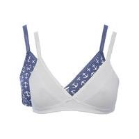 Teen girl plain white and blue anchor print soft cotton adjustable strap bra two pack - Multicolour