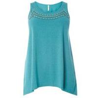 Teal Green Embroidered Neck Vest Top, Teal