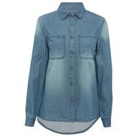 Teen girl light wash chambray denim style button down chest pocket shirt - Denim