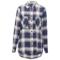 Teen girl long sleeve button front chest pocket multi colour check pattern shirt - Navy