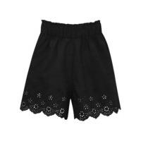 Teen girl 100% cotton plain black elasticated waistband embroidered flower scallop hem shorts - Black