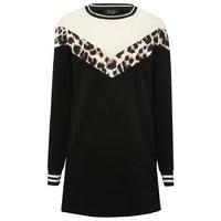 Teen girl leopard printed colour black panel long sleeve sweater dress - Black