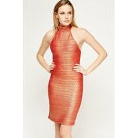 textured red metallic halter neck dress