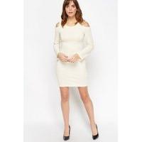 Textured Cream Cold Shoulder Dress