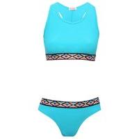 Teen girl blue aztec trim scoop neck racer back sports two piece bikini swim set - Turquoise