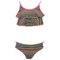 Teen girl multi colour double layer aztec pattern two piece spaghetti strap swim bikini set - Pink