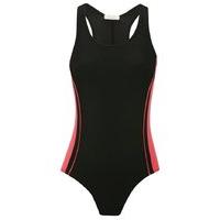 Teen girl black scoop neck racer back Pink stripe pull on one piece swimsuit - Black