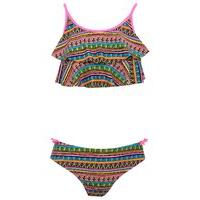 Teen girl multi colour double layer aztec pattern two piece spaghetti strap swim bikini set - Pink