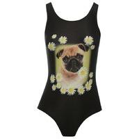 Teen girl black daisy pug print scoop neck one piece holiday swimsuit - Black