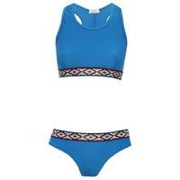Teen girl blue aztec trim scoop neck racer back sports two piece bikini swim set - Blue