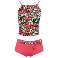 Teen girl butterfly print multi colour square neck spaghetti strap takini two piece swim set - Pink