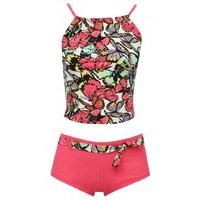 Teen girl butterfly print multi colour square neck spaghetti strap takini two piece swim set - Pink