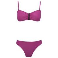 Teen girl removable straps bandeau style zip front lightly padded two piece bikini set - Purple