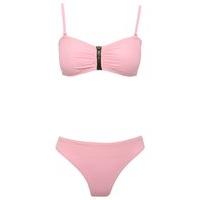 Teen girl removable straps bandeau style zip front lightly padded two piece bikini set - Light Pink