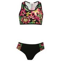 Teen girl tropical floral print scoop neck racer back two piece bikini swim set - Black