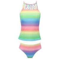 Teen girl multi colour stripe ombre cut out pleated high neck holiday tankini two piece - Multicolour