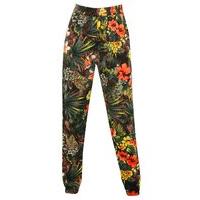 Teen girl jersey full length green tropical print cuffed ankle stretch waist harem trousers G - Green