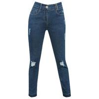 Teen girl cotton rich dark wash denim skinny fit ripped let down hem five pocket design jeans - Dark wash