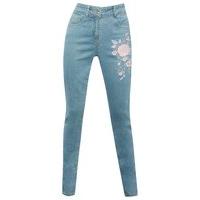 Teen girl cotton rich light wash denim embroidered floral five pocket design skinny fit jeans - Scroll White