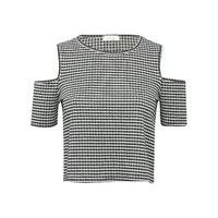 Teen girl black and white gingham jacquard check pattern crew neck cold shoulder crop top - Black and White