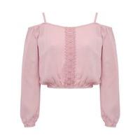 Teen girls pink long sleeve spaghetti strap lace embroidered panel gypsy cold shoulder crop top - Pink